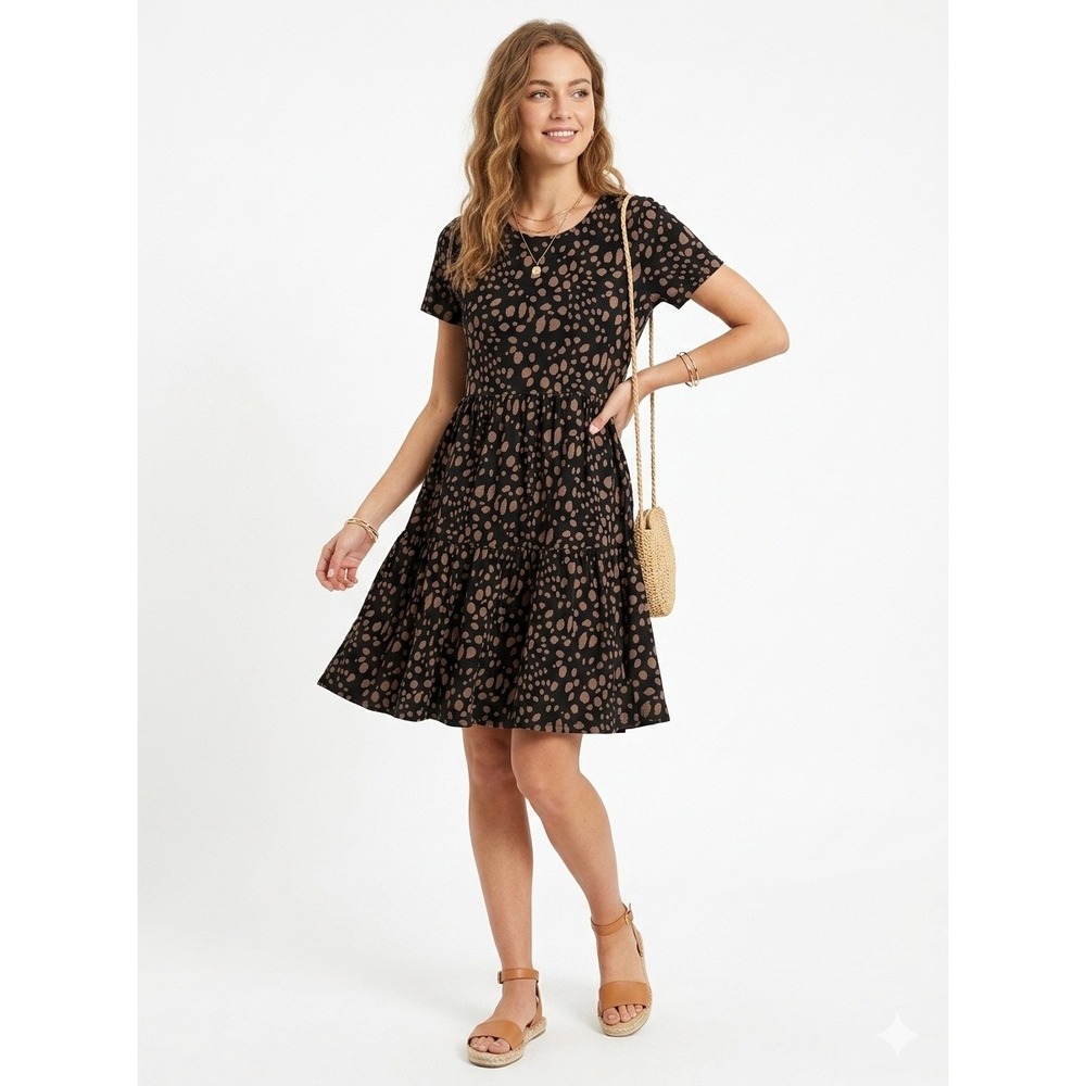 BOMBOM Babydoll Dress Black Tan Spotted Tiered Short Sleeve - Small